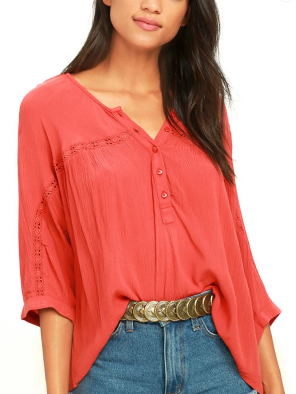 Amuse Society Olivia Coral Red Top sz M EUC $54R
